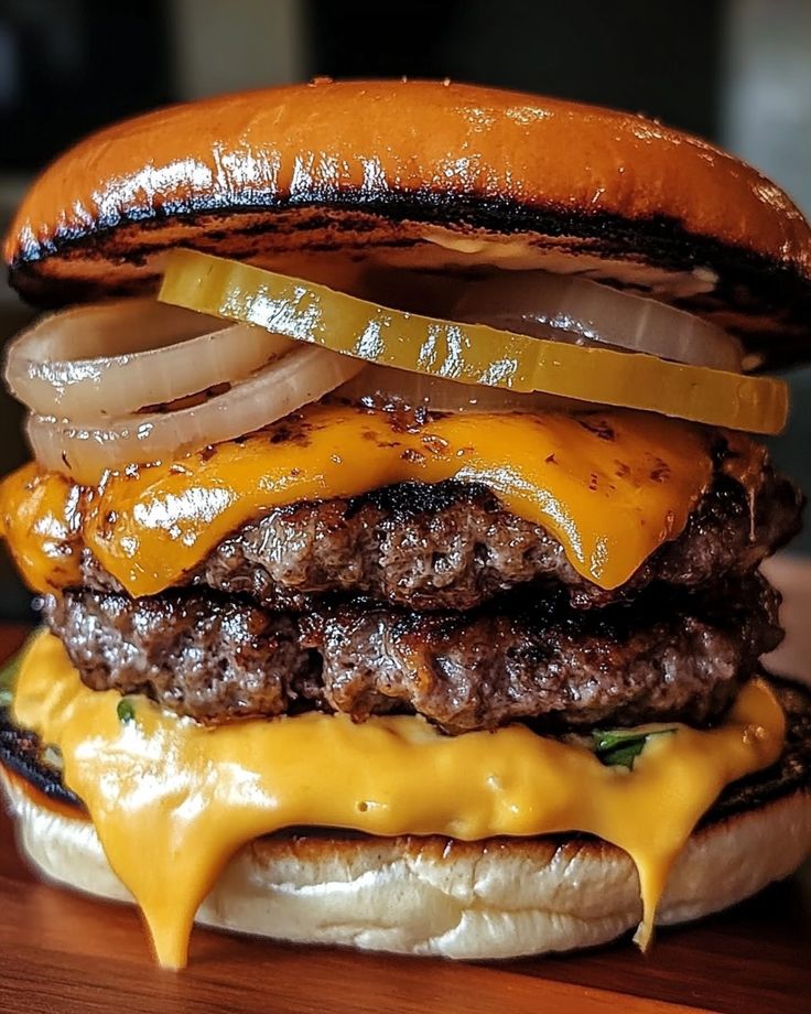 a cheeseburger with onions and pickles on it