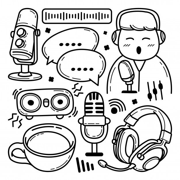 a black and white line drawing of headphones, microphones, and speech bubbles