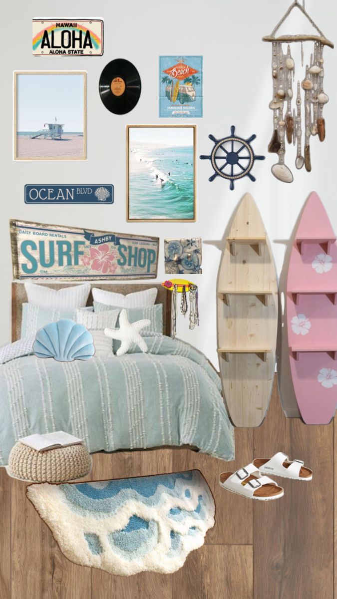 there is a surfboard and other items on the wall in this bedroom with wood flooring