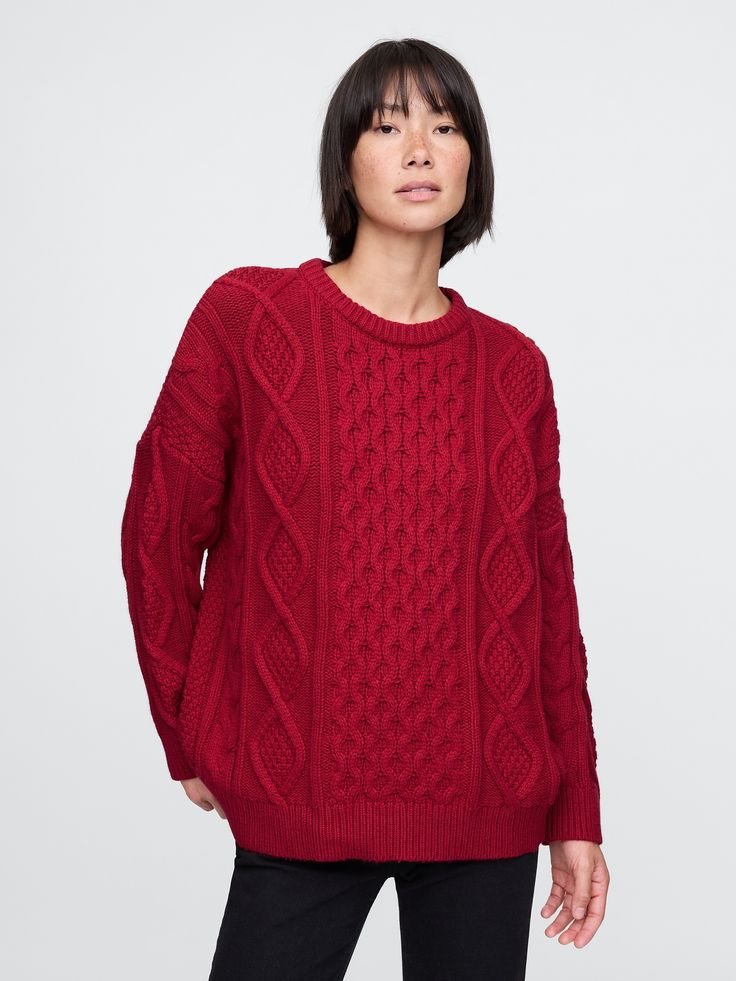 Soft cotton pullover cable-knit sweater.  Ribbed crewneck.  Long sleeves with drop shoulders.  Fit: Over Flowy Fashion, Red Cable Knit Sweater, Cable Sweater, Crochet Clothing, Cotton Pullover, New Start, What To Buy, Cable Knit Sweater, Sled