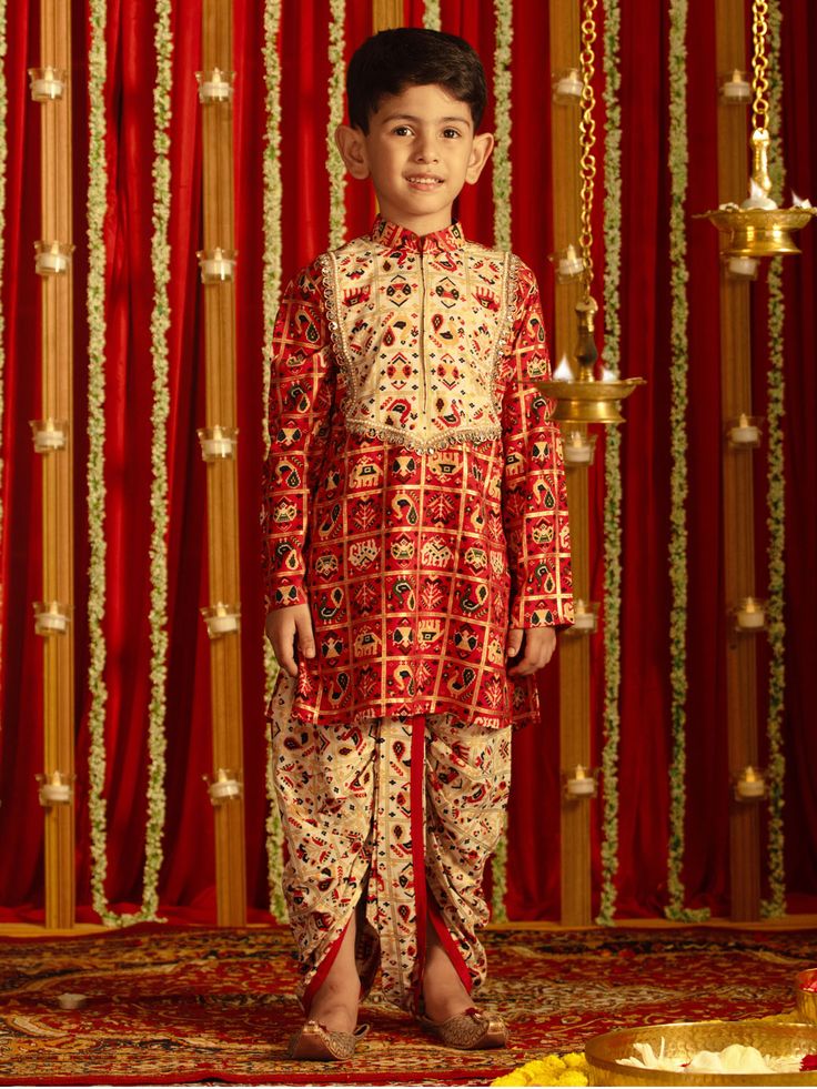 vastramay boys read and cream kurta and dhoti set Festive Bandhani Print Kurta For Transitional Season, Festive Transitional Bandhani Print Kurta, Red Kurta For Navratri Festival, Transitional Red Kurta With Zari Work, Red Festive Kurta For Navratri, Bohemian Straight Kurta Choli For Festive Occasions, Navratri Traditional Drape Kurta With Pallu, Red Traditional Drape Sets For Navratri, Bohemian Style Red Set With Traditional Drape