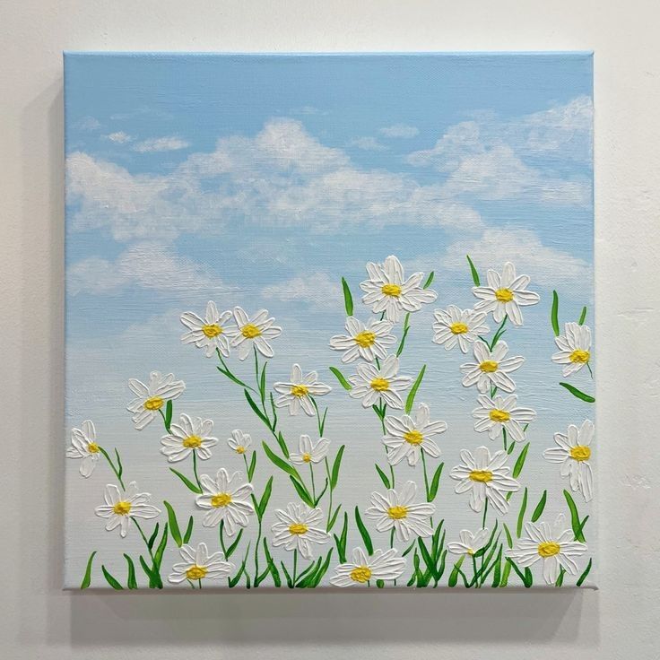 a painting of white daisies on a blue sky with green grass and clouds in the background