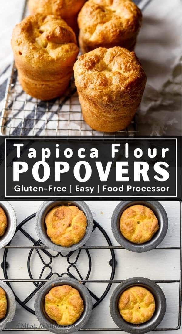 some food that is sitting on top of a rack and in front of the words tapioca flour popovers gluten - free easy / easy food processor