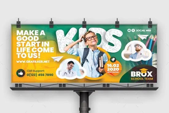 a billboard with an image of a man wearing glasses and holding a book in his hand