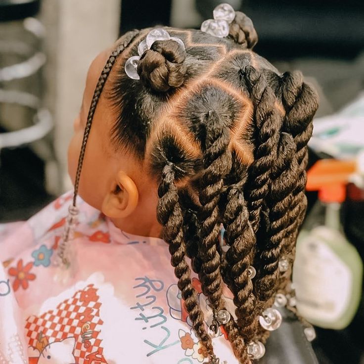 Here is another option for a cute #protectivestyle . This hairstyle has #chunky #ponytails with #twist, and two #buns at the top with… Black Baby Girl Hairstyles, Baby Girl Hairstyles Curly, Toddler Braided Hairstyles, Cute Toddler Hairstyles, Lil Girl Hairstyles, Kids Curly Hairstyles, Kid Braid Styles, Toddler Hairstyles Girl, Girls Natural Hairstyles