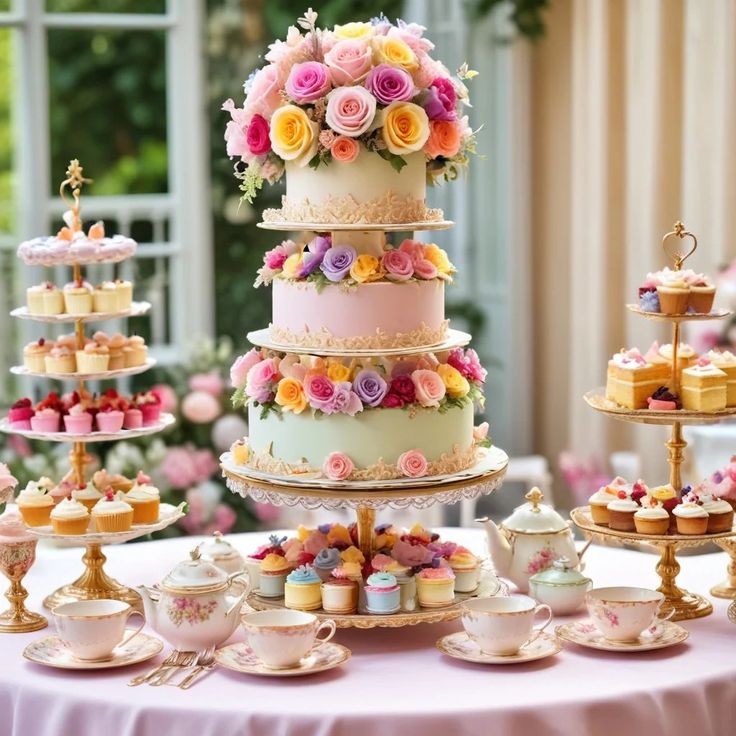 a table topped with lots of cakes and cupcakes