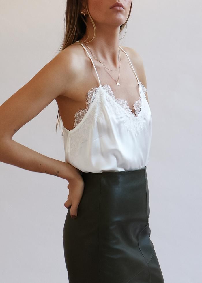 Elegant V-neck Tank Top For Brunch, Chic Lace Trim Camisole For Summer, Chic Summer Camisole With Lace Trim, Elegant Summer Camisole With Lace Trim, Feminine Spring Camisole For Layering, White Silk Camisole For Spring, Chic Silk Camisole With Lace Trim, Chic Camisole With Lace Trim And Spaghetti Straps, Chic Lace Trim Camisole For Daywear