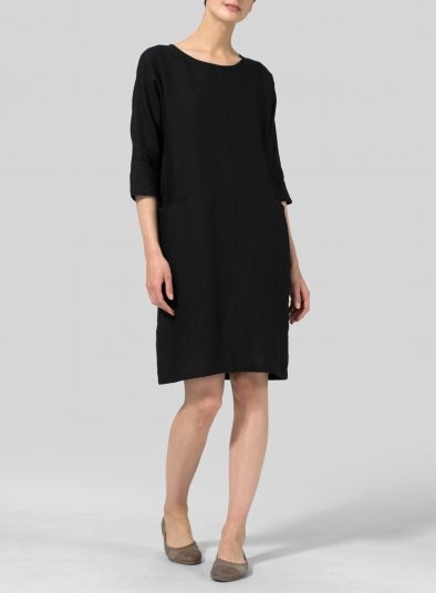 Linen Straight Cut Dress Casual Workwear Dress With Straight Neckline, Elegant Linen Dress For Workwear, Classic Knee-length Linen Dress For Workwear, Classic Linen Midi Dress For Formal Occasions, Elegant Linen Dress With Straight Neckline For Daywear, Elegant Knee-length Linen Dress For Work, Elegant Black Knee-length Linen Dress, Elegant Black Linen Dress For Daywear, Elegant Knee-length Linen Dress