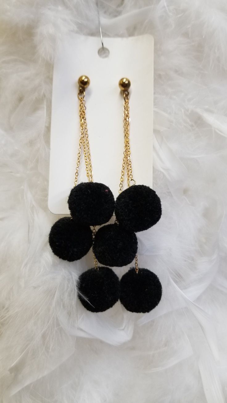 Pom Pom Dangle Earrings Gold Tone Posts 3 Black Pom Poms Pom Pom Earrings, Marble Earrings, Dangle Earrings Gold, Gold Earrings Dangle, Pom Poms, Ink Art, Earrings Gold, Gold Earrings, Pom Pom