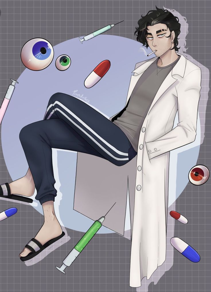 a drawing of a person sitting on a chair with various items around him and an eyeball in the background