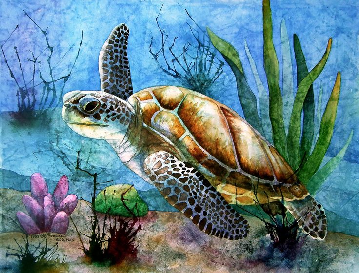 a painting of a turtle swimming in the ocean with seaweed and corals around it