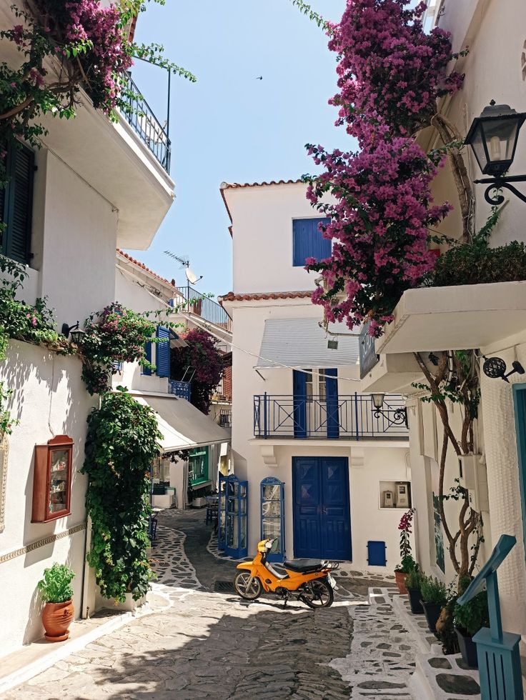 Skiathos Town, Greece Island. Summer and sea Greece Town Aesthetic, Bloxburg Greece Town, Greece Homes Interior, Greece Skiathos, Greece Aesthetics, Greece Homes, Skiathos Greece, Greece House, Greek Town