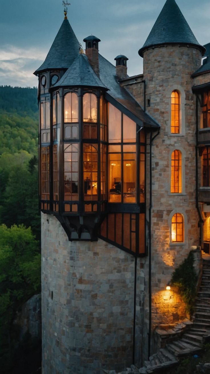 an old castle like building lit up at night with stairs leading to the upper floor