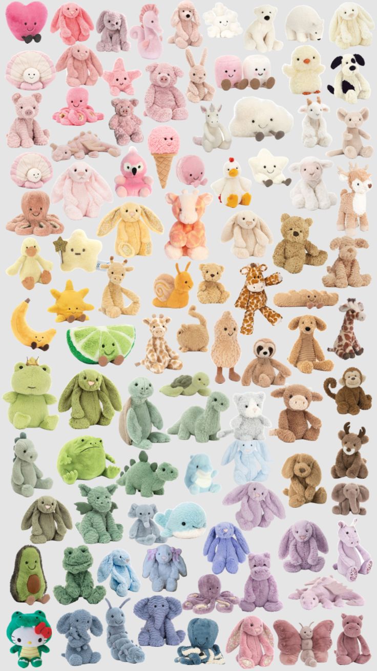 a large collection of stuffed animals are shown in this image, with different colors and sizes