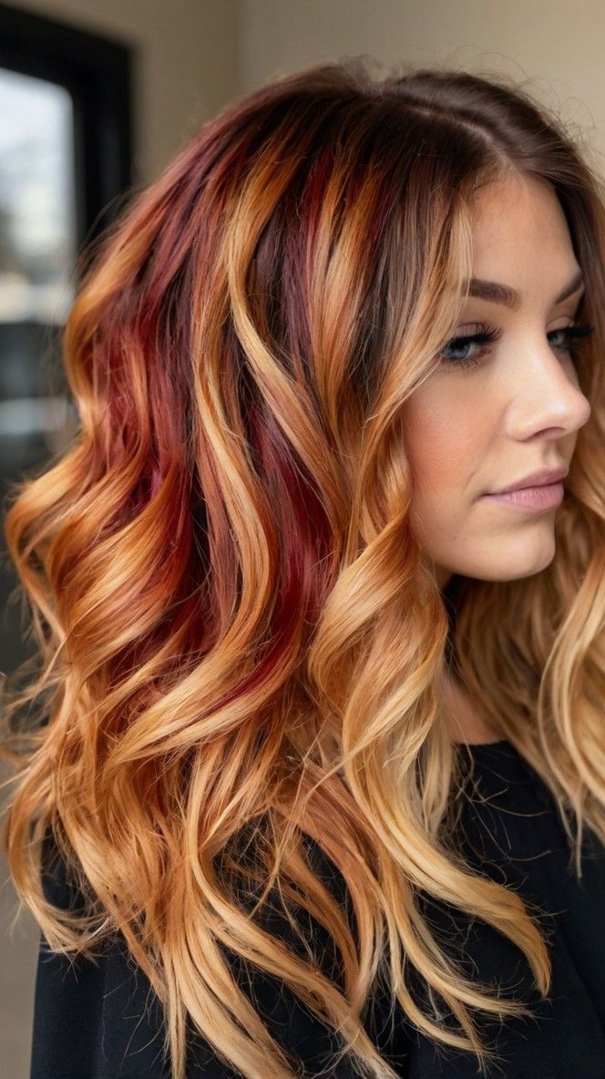 Face-Framing Highlights for Blondes with Copper Streaks Fall Hair With Red Highlights, November Hair Color Ideas, Autumn Hair Color Blonde Highlights, Blonde Autumn Hair, Dark Red And Blonde Hair, Subtle Copper Highlights, Copper And Blonde Balayage, Fall Copper Hair, Copper Streaks