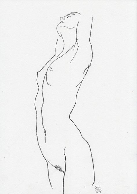 a black and white drawing of a woman's naked torso, with her right hand on her hip