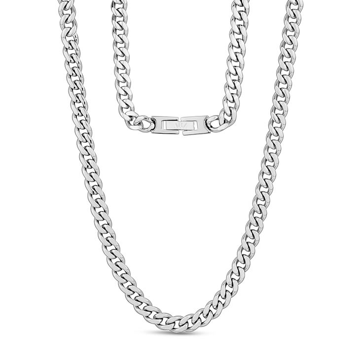 There is a lot to love about this classic Cuban link chain necklace. This is a necklace without embellishments, but that does not mean that it is a boring piece. To the contrary, the Cuban link chain provides a striking look, creating clean lines and some weight. The necklace is made from stainless steel, which is an excellent choice. Not only is stainless steel a durable choice, but it is also an attractive one. The finish resists tarnish, and you can count on this necklace being a wardrobe sta Everyday Curb Chain Necklace With Rectangular Links, Modern Metal Necklace With Curb Chain, Classic Stainless Steel Necklace With Chunky Chain, Cuban Link Metal Necklace For Formal Occasions, Formal Stainless Steel Necklace With Silver Chain, Formal Stainless Steel Silver Chain Necklace, Modern Metal Cuban Link Necklace, Classic Metal Necklace With Chunky Chain, Formal Necklaces With Curb Chain And Rectangular Links