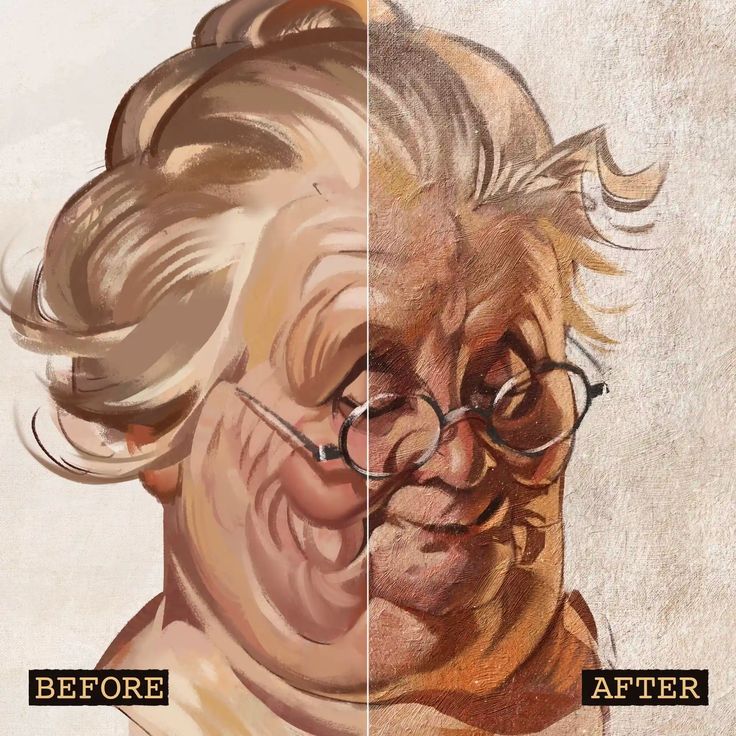 an older woman's face before and after being colored in pastel pencils