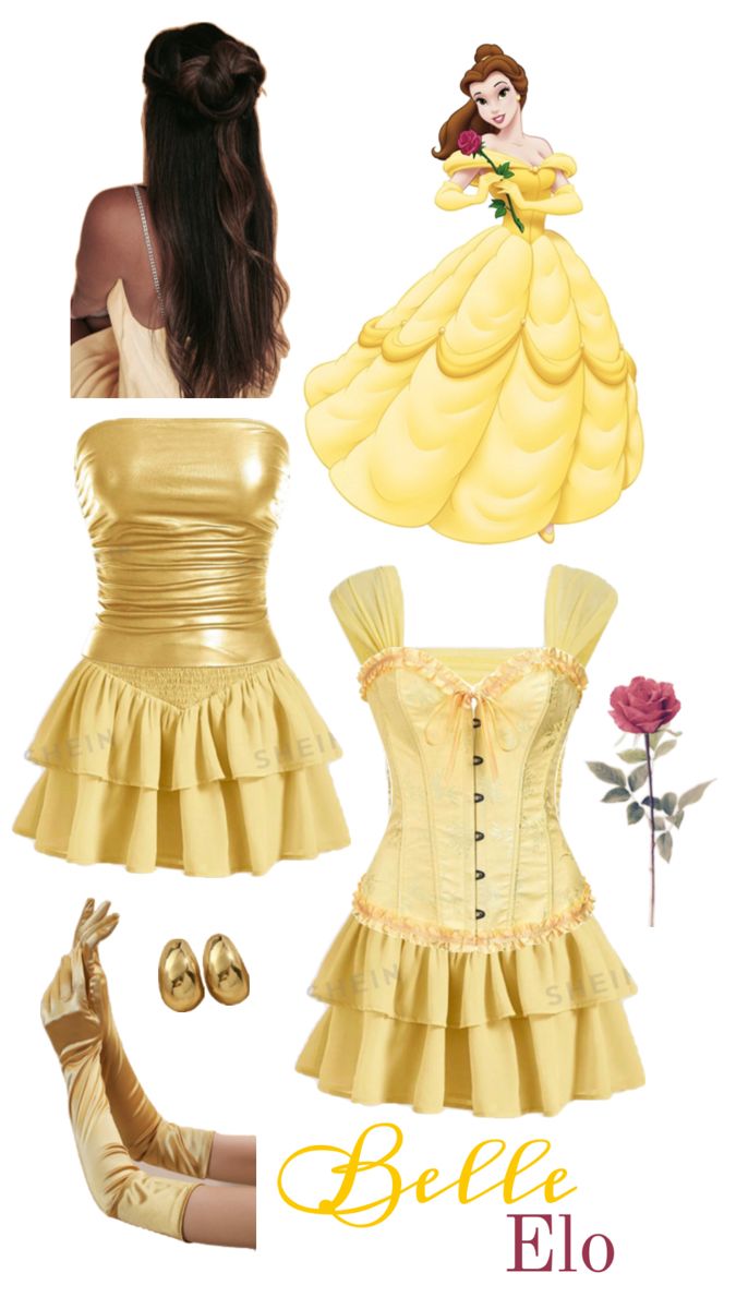 a woman in yellow dress and accessories for her role as the character belle from disney's beauty and the beast