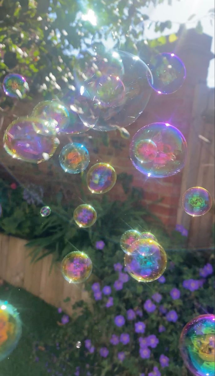 soap bubbles are floating in the air near a fence and flower garden with purple flowers