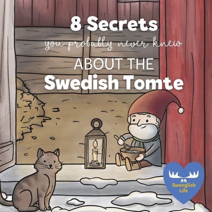 an image of a cartoon character and a cat in front of a barn with text that reads 8 secrets you probably never knew about the swedish tomte