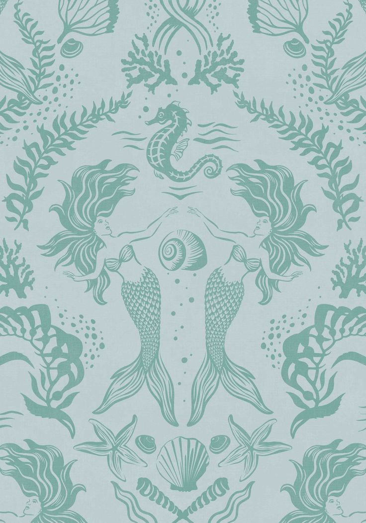 a blue and green wallpaper with mermaids on it