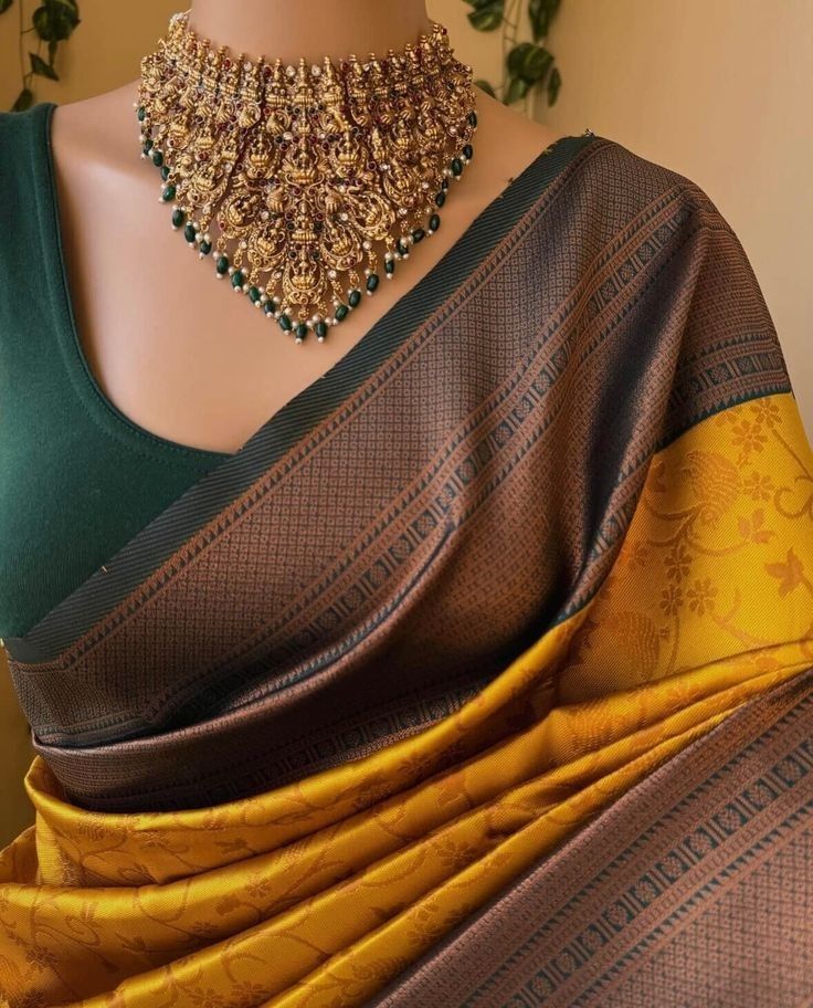 Golden Saree With Green Blouse, Yellow Saree With Green Border, Yellow With Green Silk Saree, Yellow Saree With Green Blouse, Copper Border Saree, Yellow Green Saree, Yellow Saree With Contrast Blouse, Green And Yellow Saree, Bottle Green Silk Saree