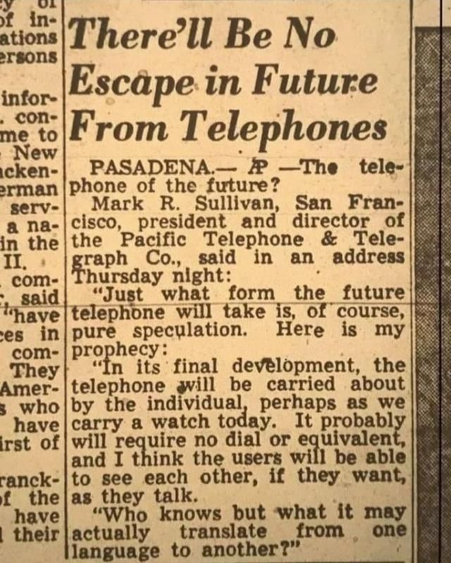 an old newspaper article with the caption there'll be no escape in future from telephones