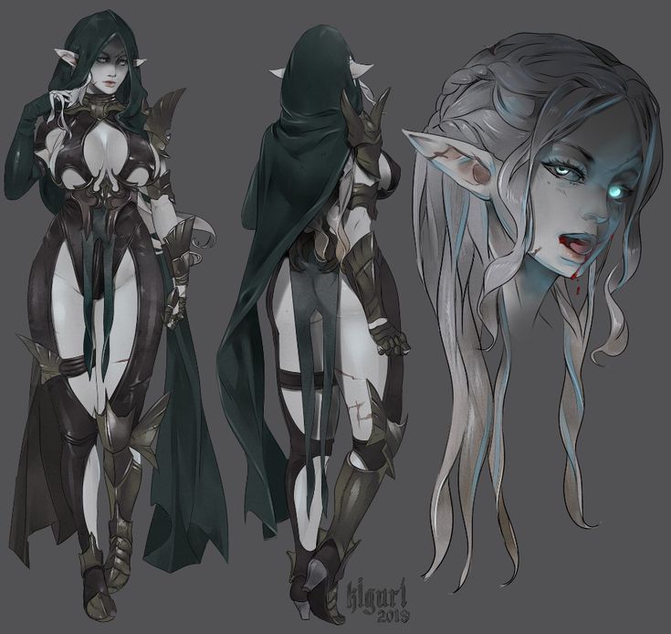 three different poses of an elf with white hair and blue eyes, wearing black clothing