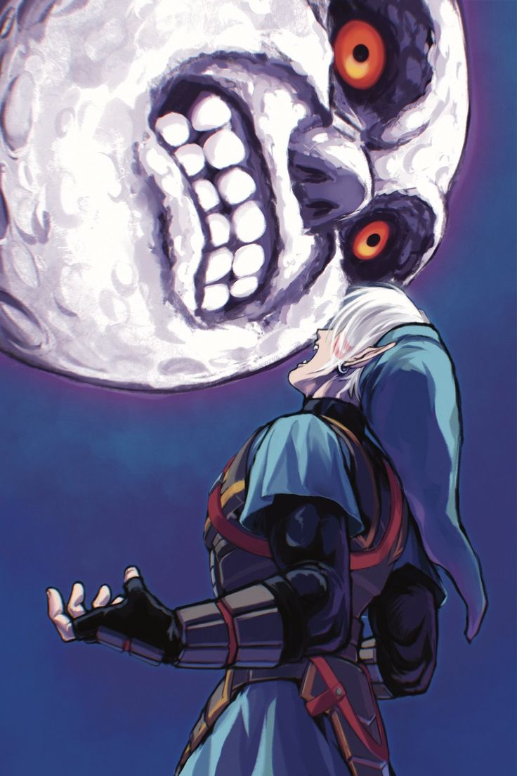 an image of a cartoon character with big eyes and a skull on his head in front of a full moon