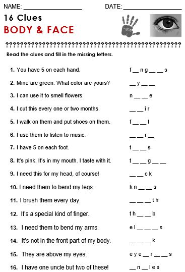 a worksheet with the words body and face on it, which includes an image of