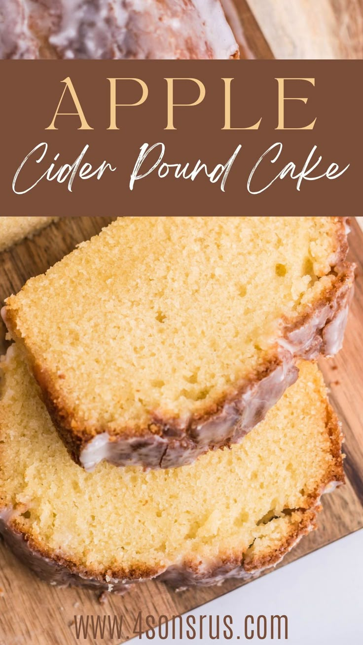 a loaf of apple cider pound cake on a cutting board with two slices cut out