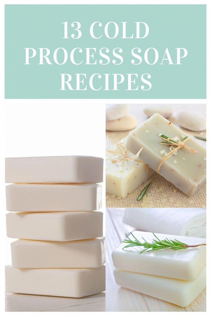 soap bars with rosemary sprigs and text overlay that reads 13 cold process soap recipes