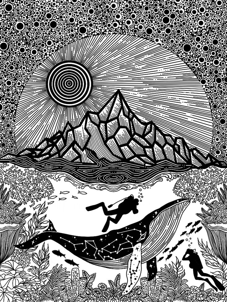 a black and white drawing of two people swimming in the ocean with mountains in the background