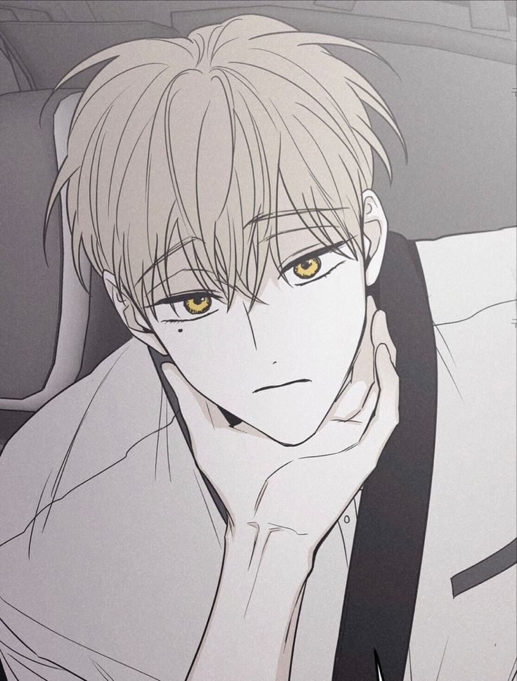 an anime character with yellow eyes sitting in a car looking at the camera and holding his hand to his chin