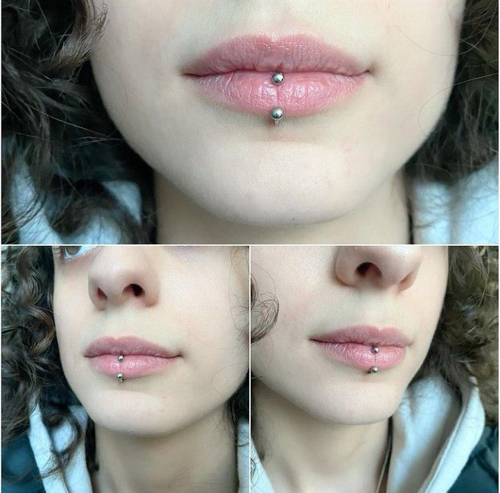 three pictures of a woman's nose with piercings on her nose and the bottom half