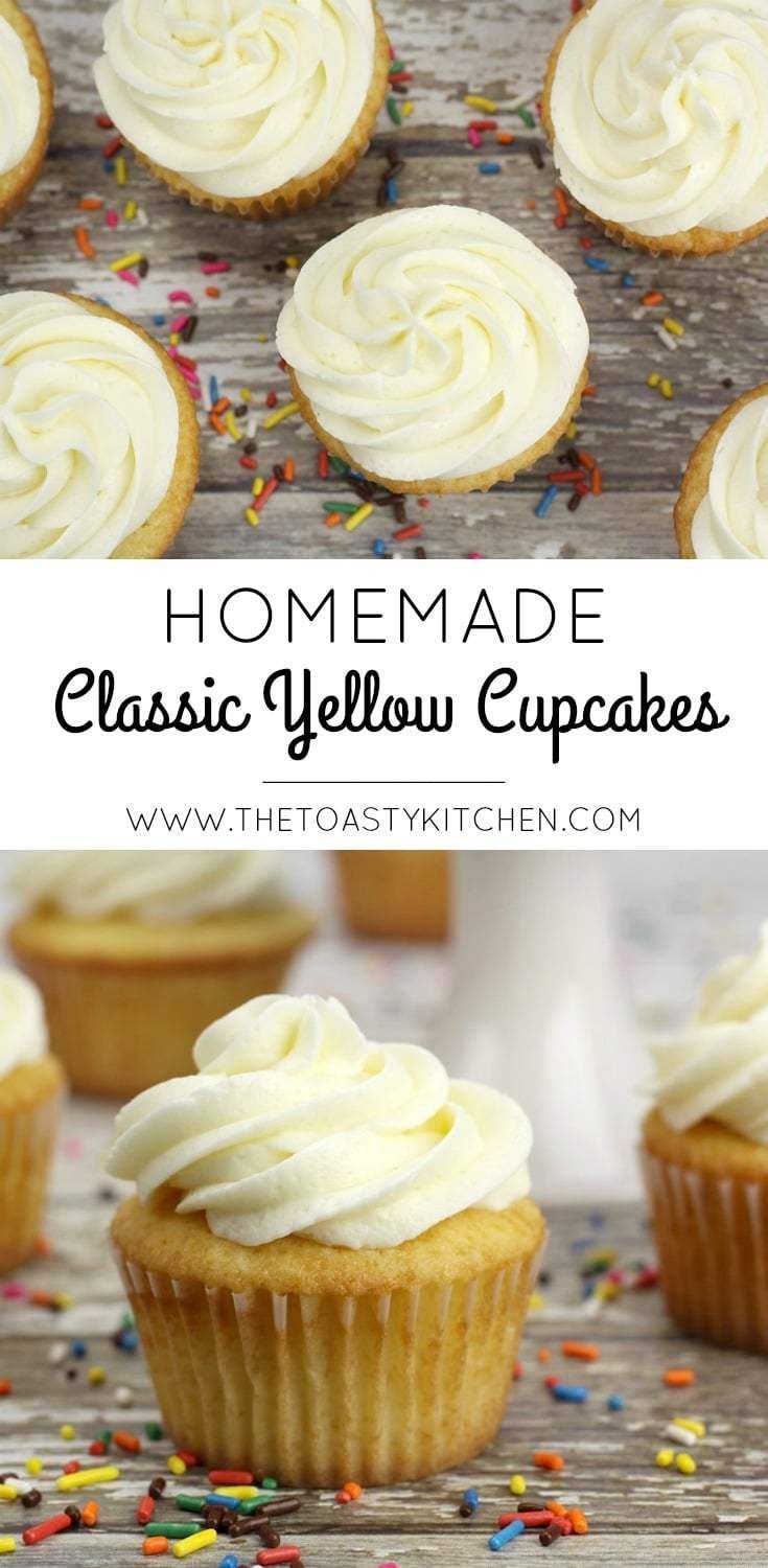 homemade yellow cupcakes with white frosting and sprinkles