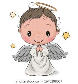 an angel with stars around it's wings and halos on his head, standing in front of a white background