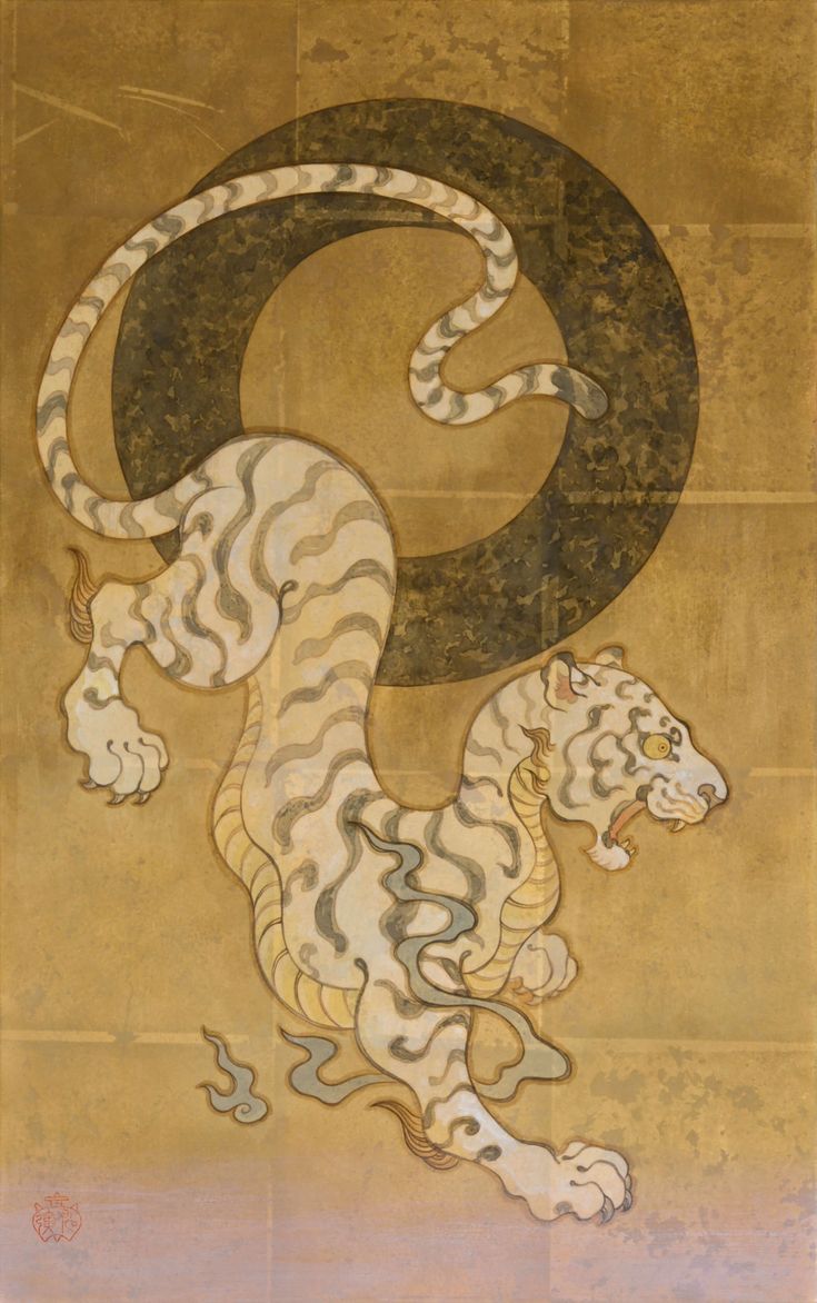 a painting of a white tiger on a brown background