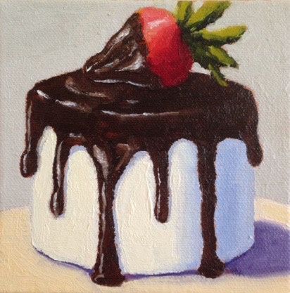 a painting of a chocolate covered cake with a strawberry on top