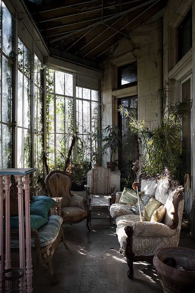 the sun shines through two large windows into a room with couches, chairs and potted plants