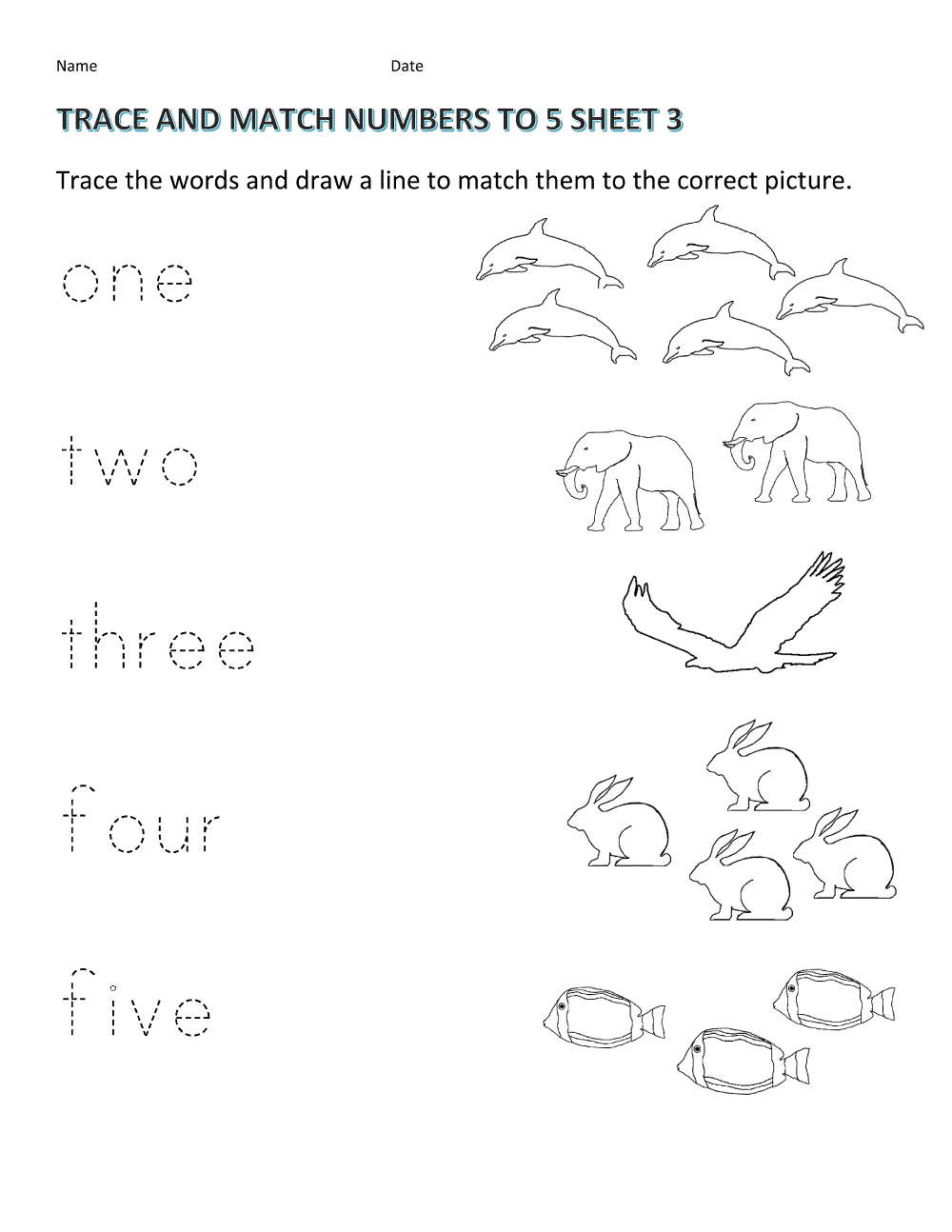 trace and match numbers to 5 sheet 3 worksheet for kids with animals in the background