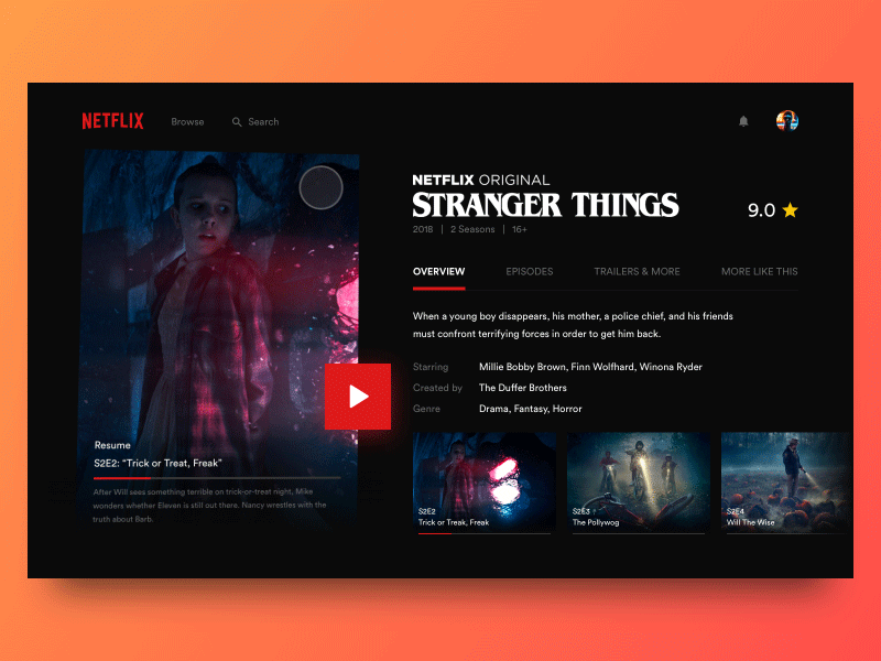 the netflix app is displayed on an orange and black background, with multiple screenshots