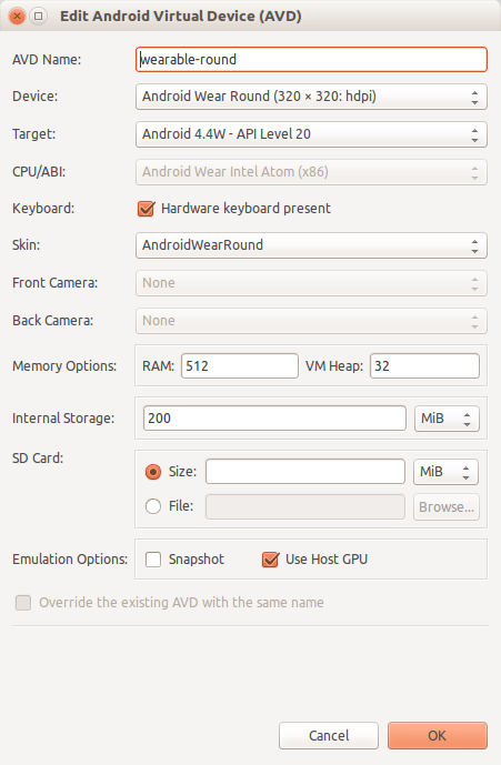 Virtual device settings for Android Wear