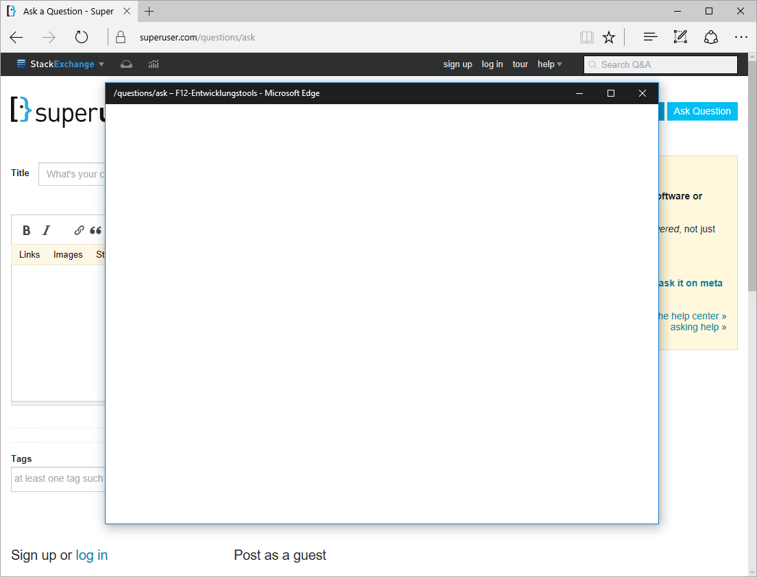 Empty Microsoft Edge Developer Tools window