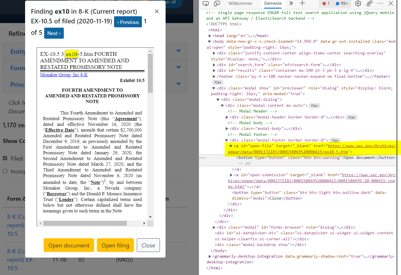 Snapshot of the Link in the HTML Code on the Website