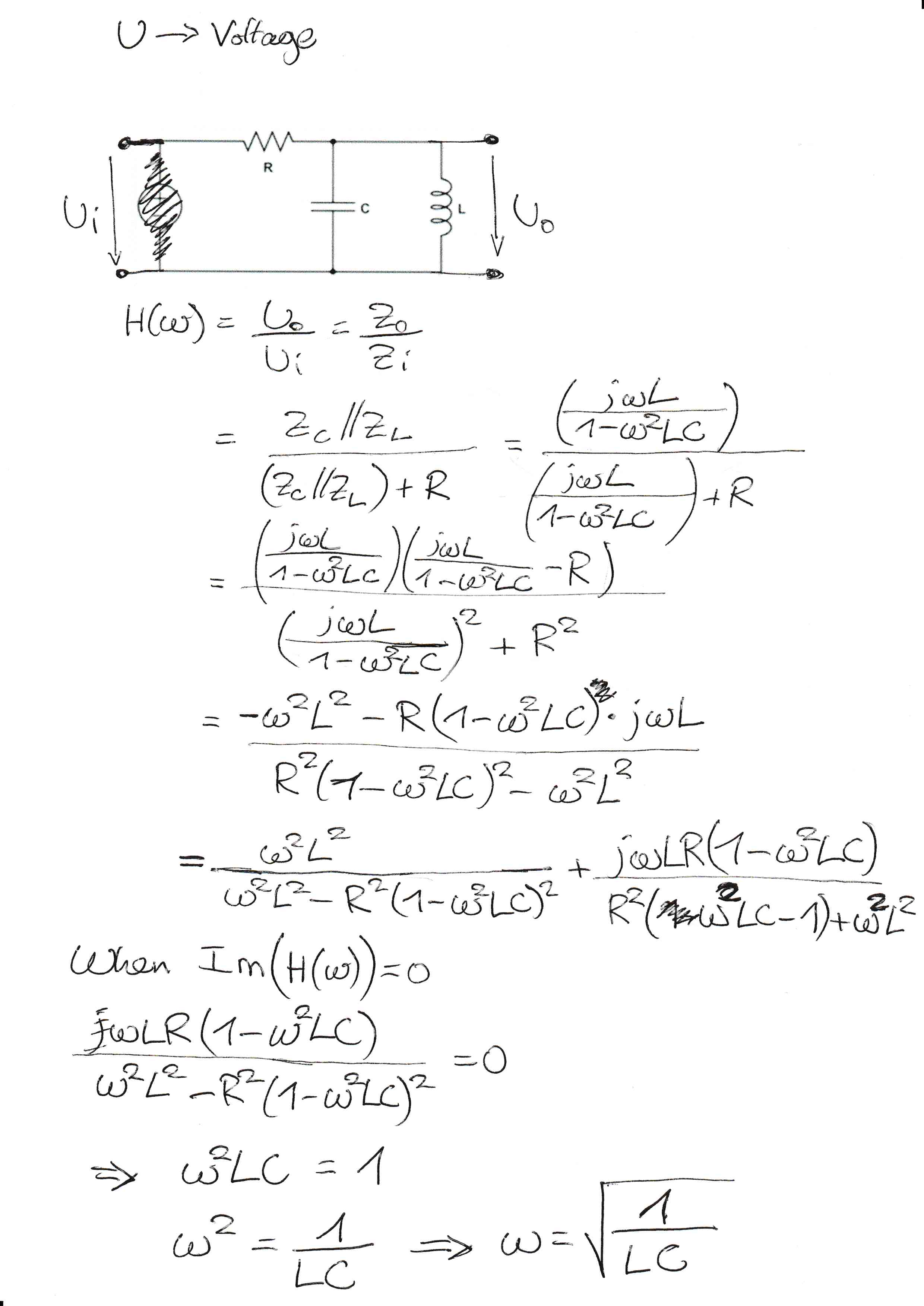 Calculation of the resonance frequency/angular velocity of the bandpass filter using the transfer function.