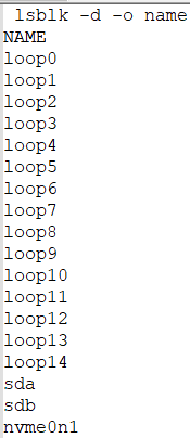 lsblk -d -o name
NAME
loop0
loop1
loop2
loop3
loop4
loop5
loop6
loop7
loop8
loop9
loop10
loop11
loop12
loop13
loop14
sda
sdb
nvme0n1