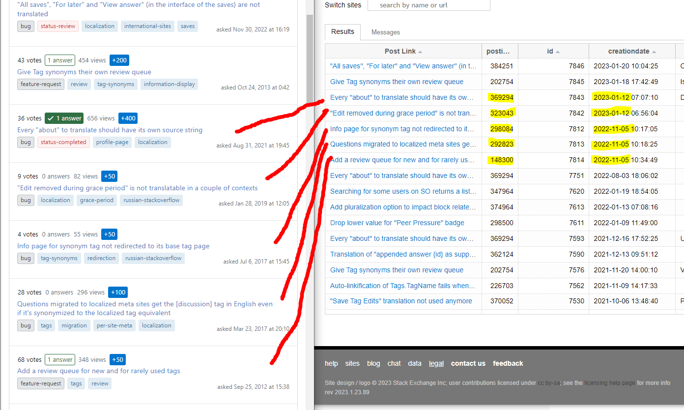 lines to indicate the match between UI order and query row order, highlight fields in records used in order by