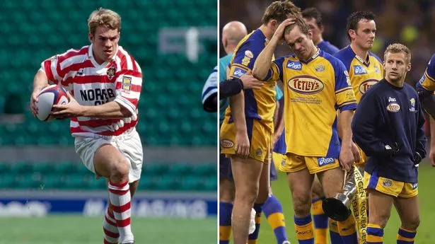 Wigan's Gary Connolly, left, in action in the Clash of the Codes against Bath at Twickenham in 1996, and with Rob Burrow, right, after losing the 2003 Challenge Cup final with Leeds.